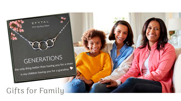 grandmother, mother & daughter wearing EFYTAL's 3 generation necklace with 3 linked rings in sterling silver