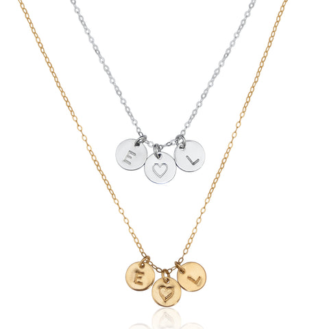two mini initial necklace with heart, silver or gold
