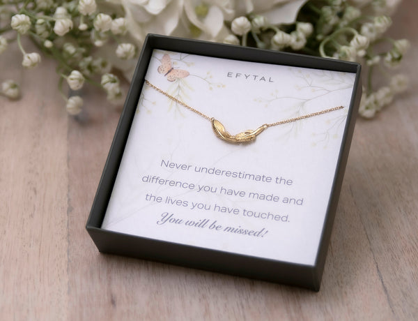 constance feather necklace, silver or gold • you'll be missed