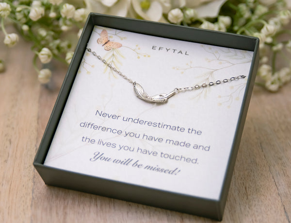 constance feather necklace, silver or gold • you'll be missed