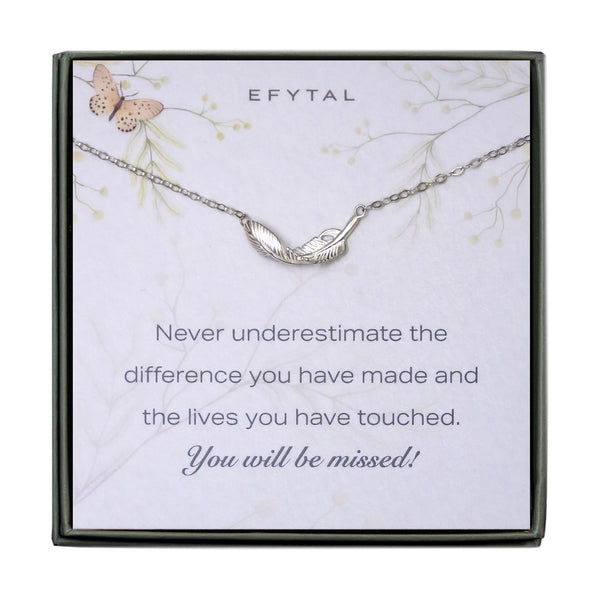 constance feather necklace, silver or gold • you'll be missed
