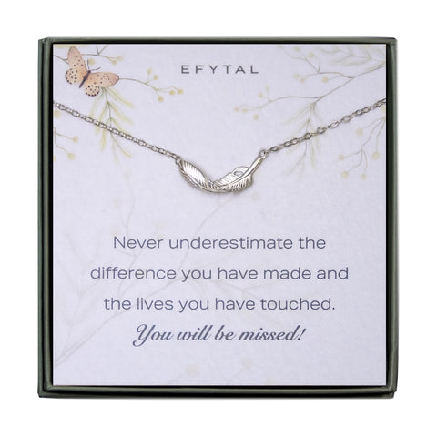 constance feather necklace, silver or gold • you'll be missed