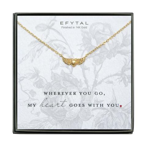 winged heart necklace available in gold or silver, perfect for daughter or grandaughter