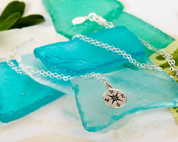 journey compass necklace, silver or gold • adventure is an attitude