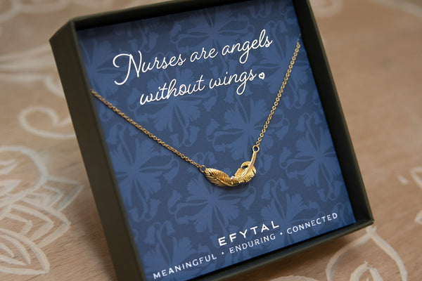 constance feather necklace, silver or gold • nurses are angels