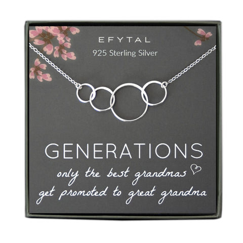 grey jewelry box containing silver necklace with four thin interlocking circles, placed on a grey card with pink flowers and branches at the top. the text on the card reads "EFYTAL 925 sterling silver" at the top and "GENERATIONS - only the best grandmas <3 get promoted to great grandma"