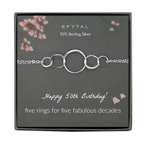 grey jewelry box containing silver bracelet with five thin interlocking circles, placed on a grey card with pink flowers and branches at the top. the text on the card reads "EFYTAL 925 sterling silver" at the top and "Happy 50th Birthday! five rings for five fabulous decades <3 <3" at the bottom.