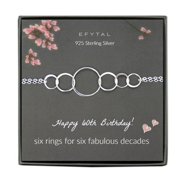 grey jewelry box containing silver bracelet with six thin interlocking circles, placed on a grey card with pink flowers and branches at the top. the text on the card reads "EFYTAL 925 sterling silver" at the top and "Happy 60th Birthday! six rings for six fabulous decades <3 <3" at the bottom.