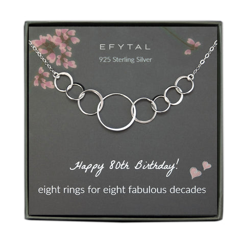 grey jewelry box containing silver necklace with eight interlocking rings, placed on a grey card with pink flowers and branches at the top. the text on the card reads "EFYTAL 925 sterling silver" at the top and "Happy 80th Birthday! eight rings for eight fabulous decades <3 <3" at the bottom.