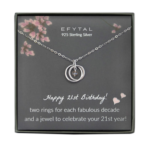 A grey jewelry box containing a grey message card with pink floral motif in the upper corners. A 925 Sterling Silver necklace with two interlocking rings encircling a dangling gem rests on the card. The white text on the card reads “EFYTAL 925 Sterling Silver” at the top and “Happy 21st Birthday! two rings for each fabulous decade and a jewel to celebrate your 21st year!” at the bottom.  