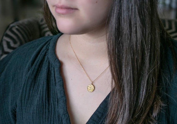 14K Heavy Gold Plated compass necklace with 18" chain that also adjusts to 16".