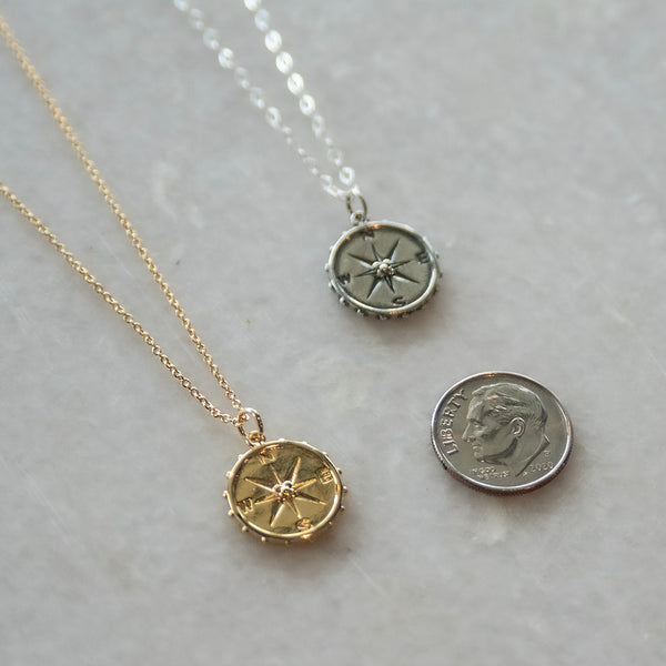 nellie compass necklace, silver or gold • wherever you are