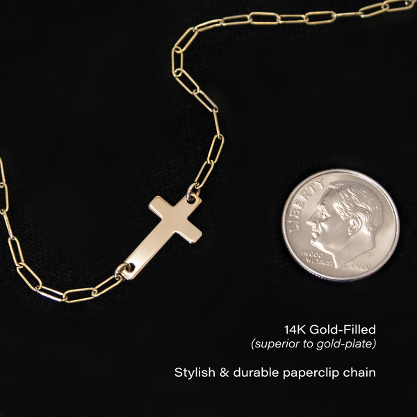 The cross charm measures 16.9mm x 9.3mm. The paper clip chain is dainty and delicate yet durable.