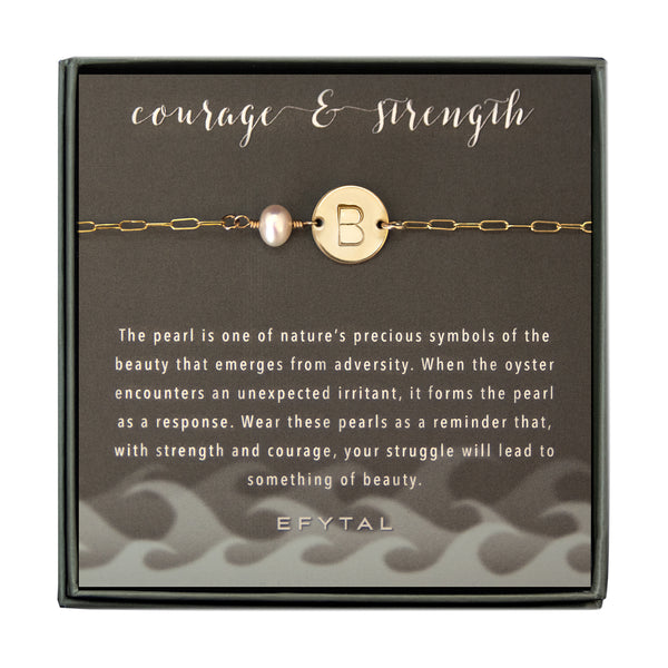 EFYTAL hand made initial and pearl bracelet with paperclip chain. Available in 14K gold filled and 925 sterling silver.