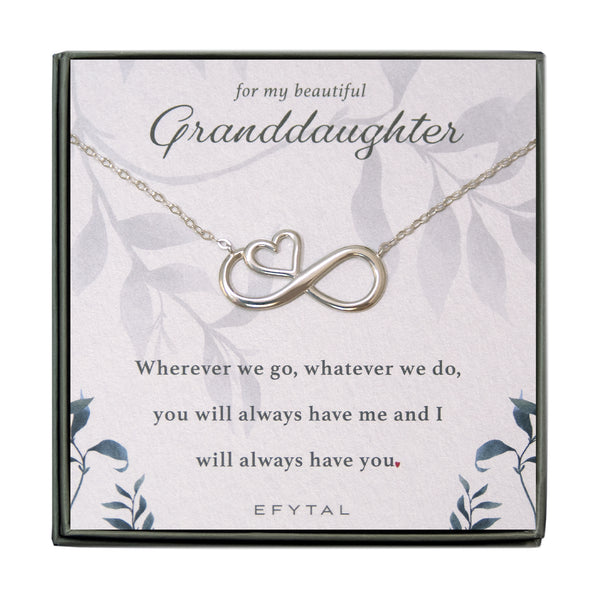 Infinity Heart necklace for granddaughter - 925 sterling silver. Keepsake jewelry with greeting card for granddaughter and included gift packaging.
