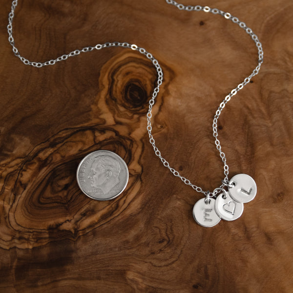 two mini initial necklace with heart, silver or gold