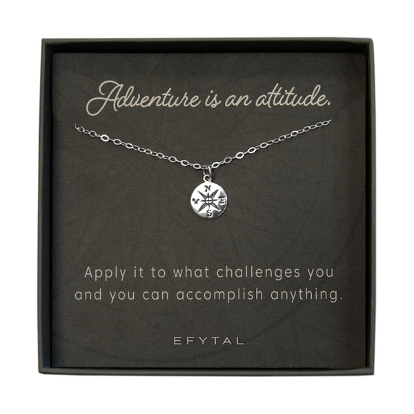 journey compass necklace, silver or gold • adventure is an attitude