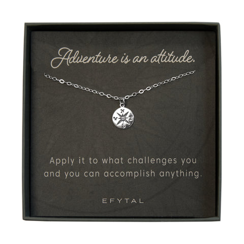 journey compass necklace, silver or gold • adventure is an attitude