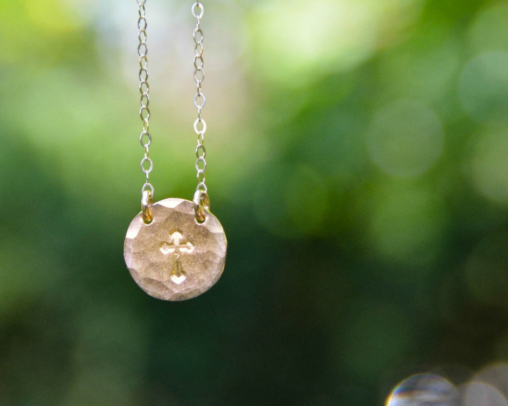 Medium Gold Filled Hammered Cross Disc Necklace EFYTAL Jewelry