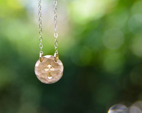 Medium Gold Filled Hammered Cross Disc Necklace