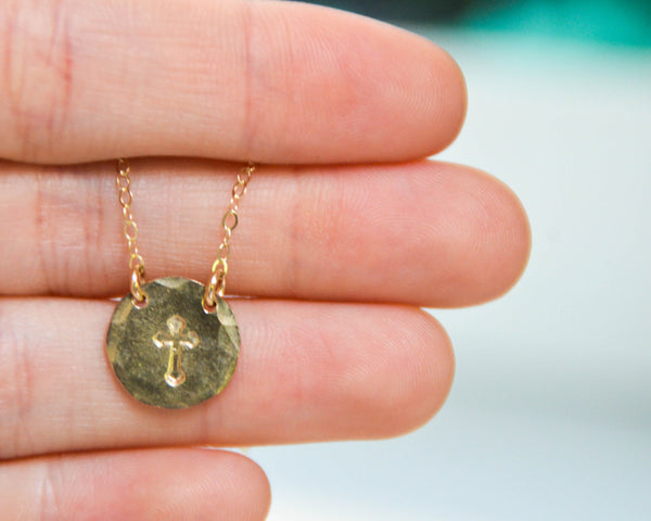 Medium Gold Filled Hammered Cross Disc Necklace