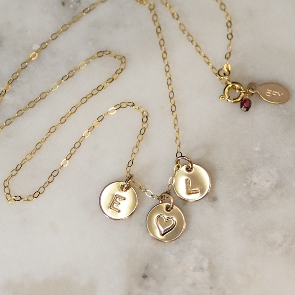 two mini initial necklace with heart, silver or gold