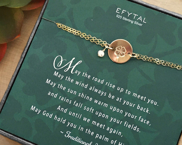 erin lucky shamrock bracelet, silver or gold • Irish blessing