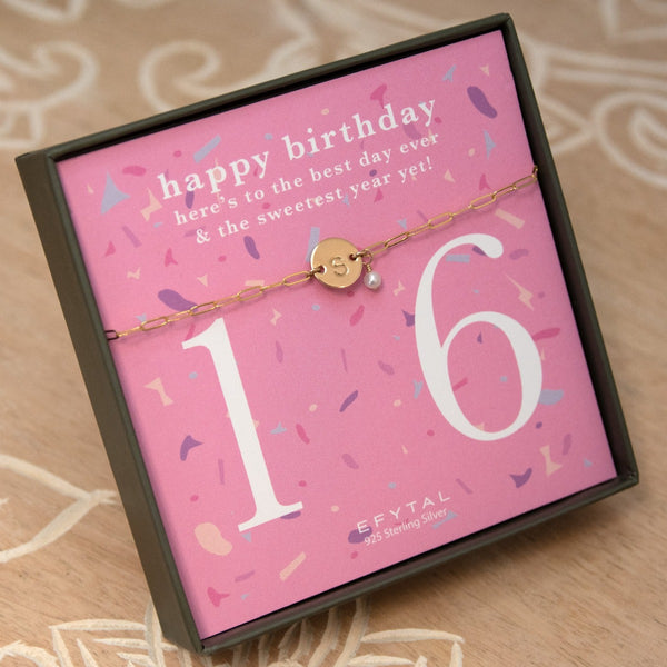 sweet 16 birthday bracelet for girls, available in 14K gold filled or 925 sterling silver and optional birthstone