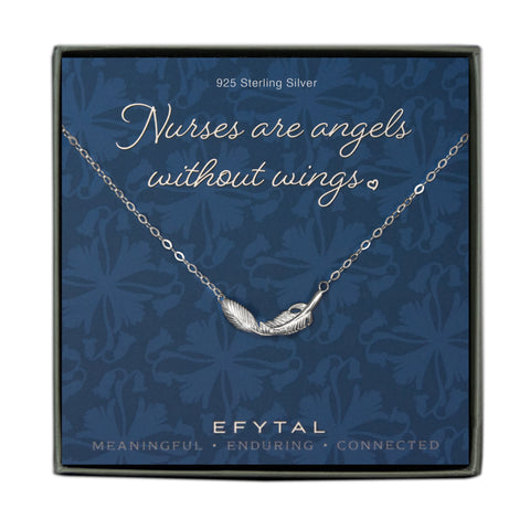 constance feather necklace, silver or gold • nurses are angels