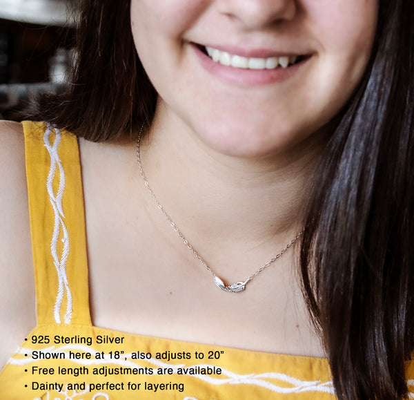 constance feather necklace, silver or gold • invisible thread