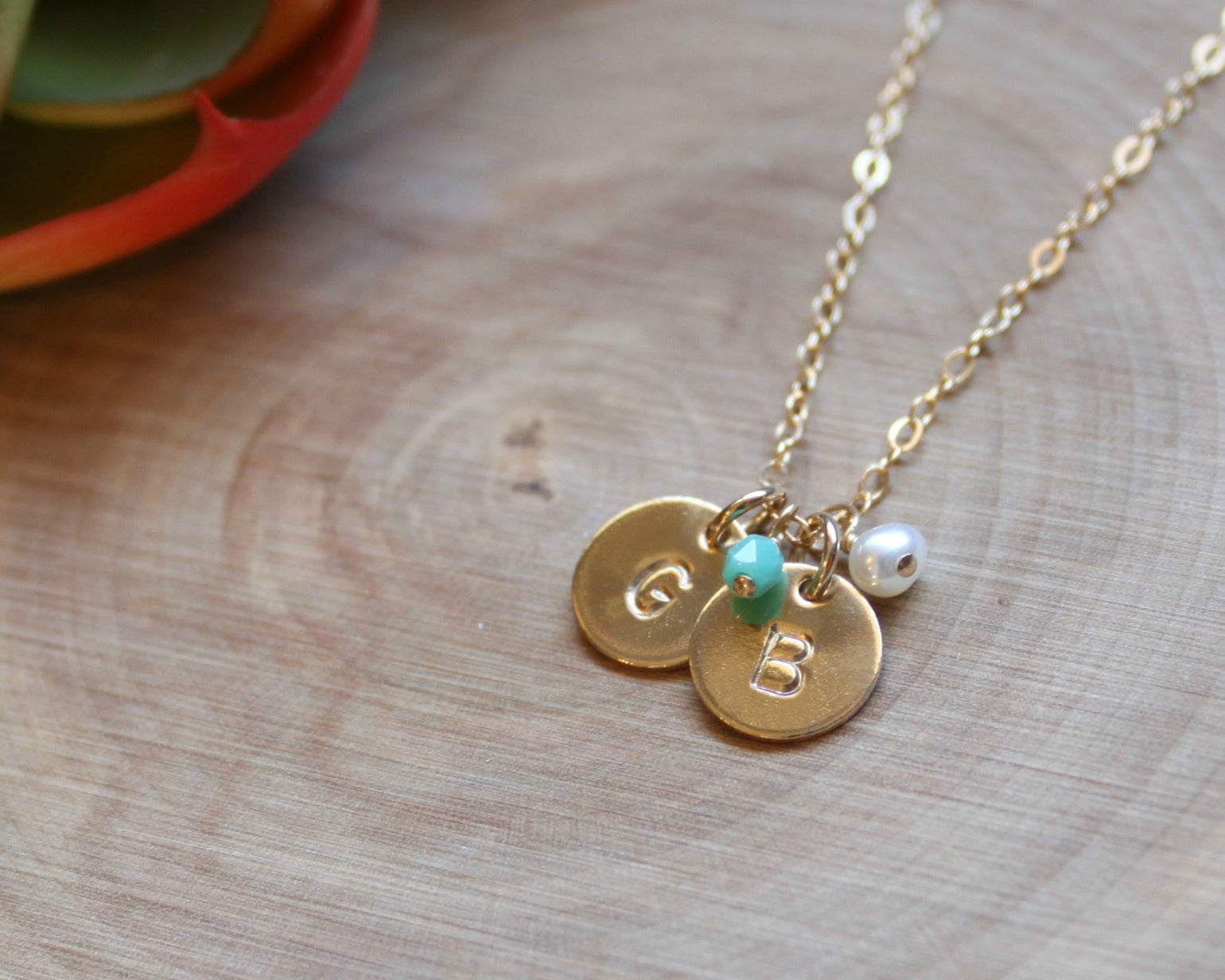 two mini initial necklace with birthstones (3/8
