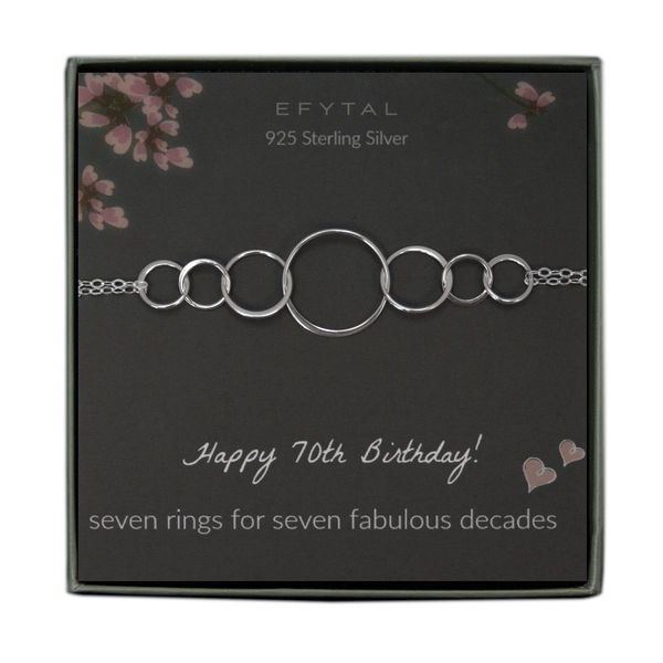 grey jewelry box containing silver bracelet with seven thin interlocking circles, placed on a grey card with pink flowers and branches at the top. the text on the card reads "EFYTAL 925 sterling silver" at the top and "Happy 70th Birthday! seven rings for seven fabulous decades <3 <3" at the bottom.