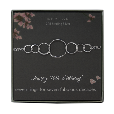 grey jewelry box containing silver bracelet with seven thin interlocking circles, placed on a grey card with pink flowers and branches at the top. the text on the card reads "EFYTAL 925 sterling silver" at the top and "Happy 70th Birthday! seven rings for seven fabulous decades <3 <3" at the bottom.