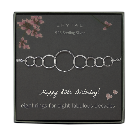 grey jewelry box containing silver bracelet with eight thin interlocking circles, placed on a grey card with pink flowers and branches at the top. the text on the card reads "EFYTAL 925 sterling silver" at the top and "Happy 80th Birthday! eight rings for eight fabulous decades <3 <3" at the bottom.