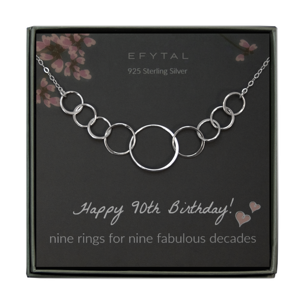 grey jewelry box containing silver necklace with four thin interlocking circles, placed on a grey card with pink flowers and branches at the top. the text on the card reads "EFYTAL 925 sterling silver" at the top and "Happy 90th Birthday! nine rings for nine fabulous decades <3 <3" at the bottom.