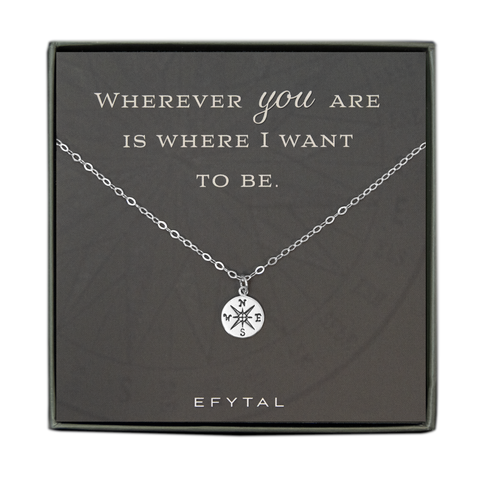 A grey jewelry box containing a grey message card with a faded compass motif. A sterling silver necklace with a delicate compass pendant rests on the card. The cream text above the necklace reads “WHEREVER you ARE IS WHERE I WANT TO BE.” Below the necklace, the text reads “EFYTAL.”’