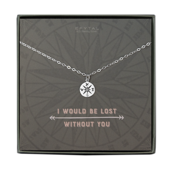 A grey jewelry box containing a grey message card with a faded compass motif. A sterling silver necklace with a delicate compass pendant rests on the card. The cream text above the necklace reads “EFYTAL 925 Sterling Silver” Below the necklace, the peach text reads “I WOULD BE LOST WITHOUT YOU” with a double-sided arrow.