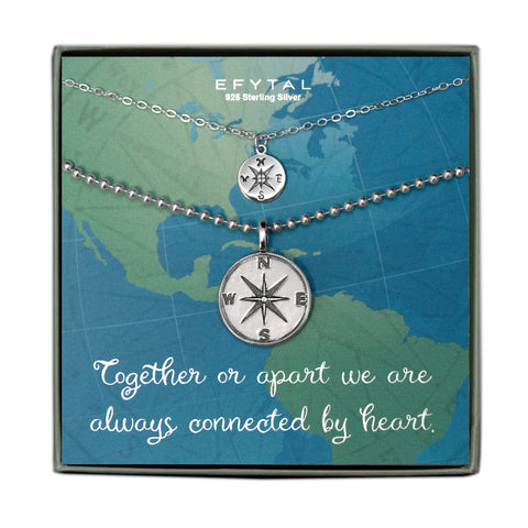 Father Daughter symbolic compass necklace set with greeting card reads: together or apart we are always connected by heart. 
