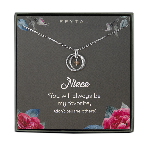 A grey jewelry box containing a grey message card with pink rose motif in the bottom two corners, and rosebuds with leaves in the top two. A sterling silver necklace with two connected silver rings and a dangling champagne stone in the center rests on the card. The white text on the card reads "EFYTAL" at the top and “Niece You will always be my favorite <3 (don’t tell the others)” at the bottom.
