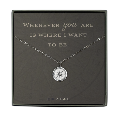 A grey jewelry box holds a grey message card featuring a faded compass motif. A sterling silver compass necklace rests across the card, which reads "Wherever you are is where I want to be" above the necklace and "EFYTAL" underneath. 