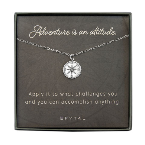 nellie compass necklace, silver or gold • adventure is an attitude