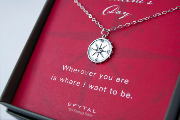 nellie compass necklace, silver or gold • valentine, wherever you are