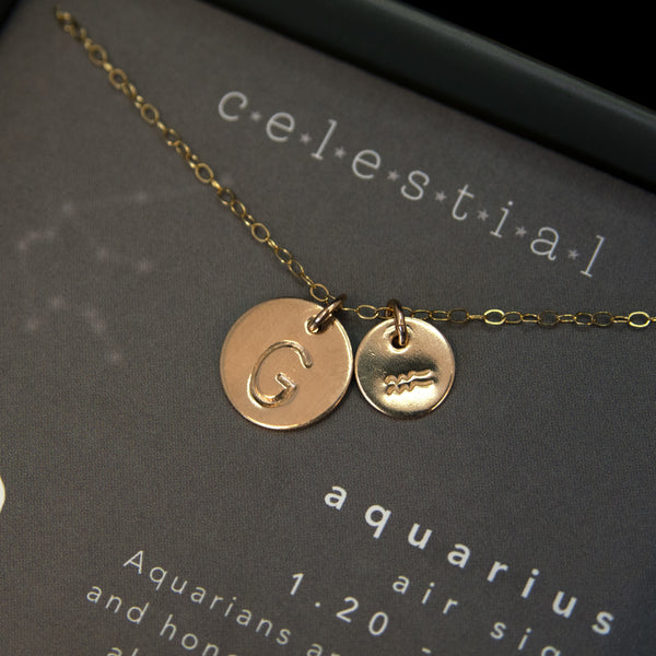 seren initial & zodiac symbol necklace • celestial card