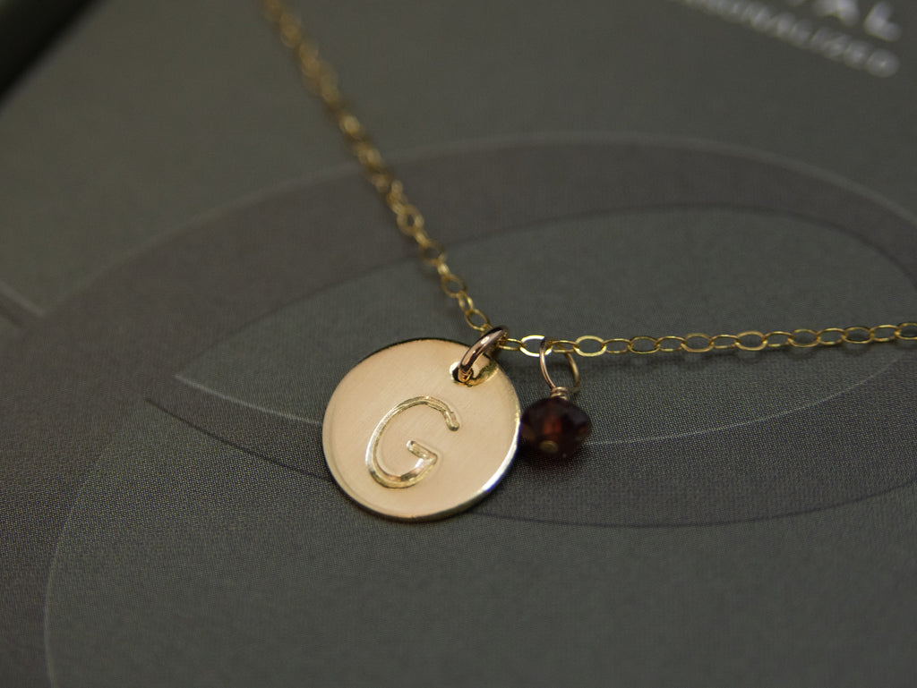 mini initial necklace with birthstone (3/8